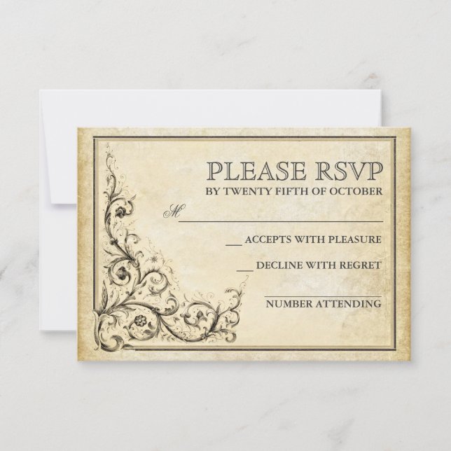 Vintage flourish swirls wedding RSVP cards (Front)