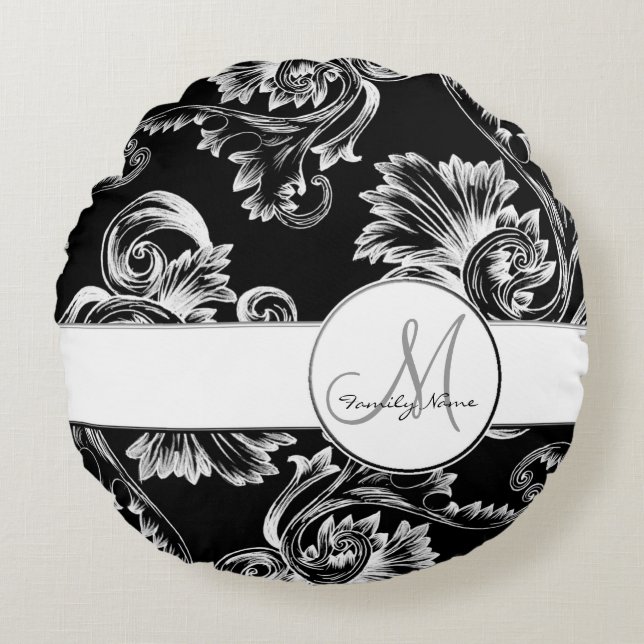 Vintage Flourish (White) (Monogram) Round Pillow (Front)
