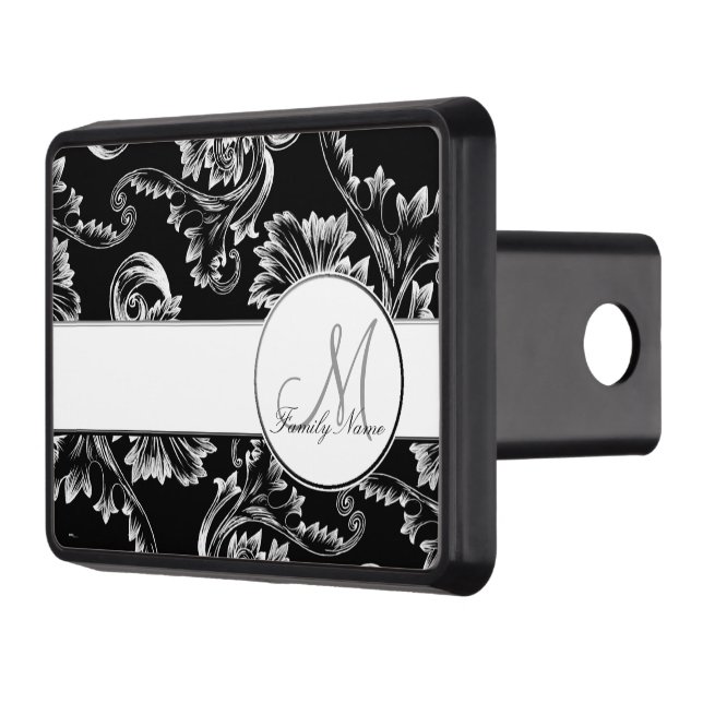 Vintage Flourish (White) (Monogram) Trailer Hitch Cover (Left)