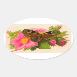 Vintage Flower and Moth Oval Sticker