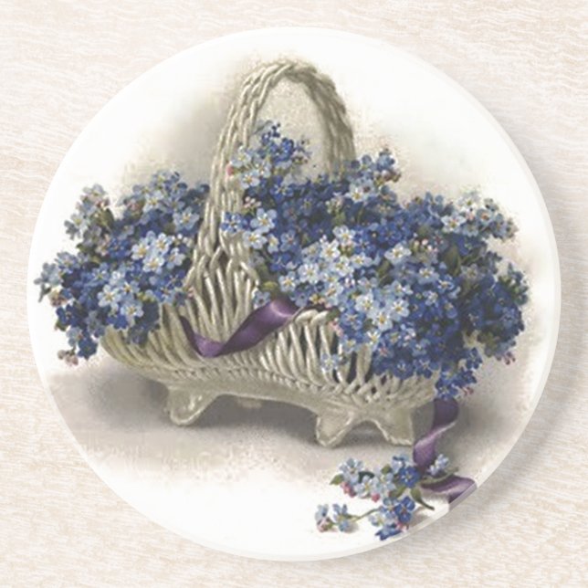 Vintage Flower Basket Forget-Me-Not Coaster (Front)