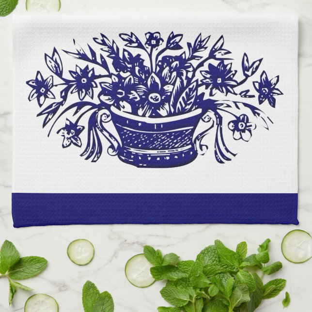 Vintage Flower Basket in Blue Kitchen Towel (Folded)