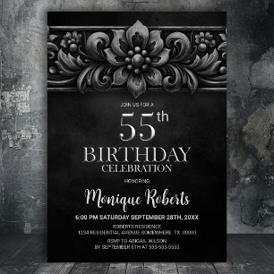 Vintage Flower Black 55th Birthday Party Invitation