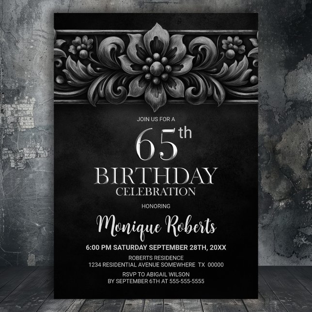 Vintage Flower Black 65th Birthday Party Invitation (Creator Uploaded)