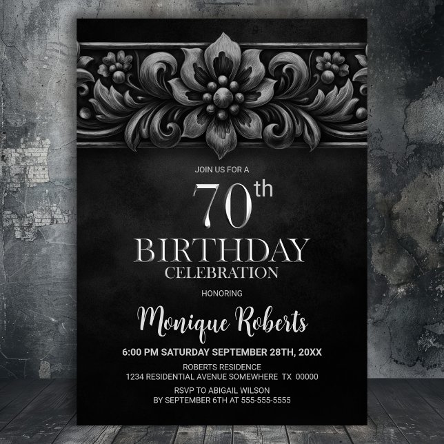 Vintage Flower Black 70th Birthday Party Invitation (Creator Uploaded)