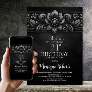 Vintage Flower Black Surprise 21st Birthday Party Invitation