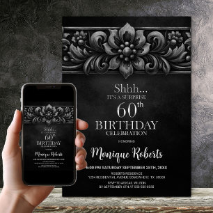 Vintage Flower Black Surprise 60th Birthday Party Invitation