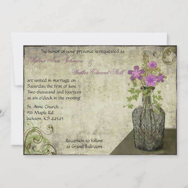 Vintage Flower Bottle Wedding Invitation (Front)