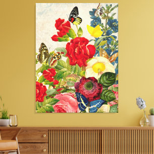 Vintage Flower Bouquet Butterflies Wrapped Canvas