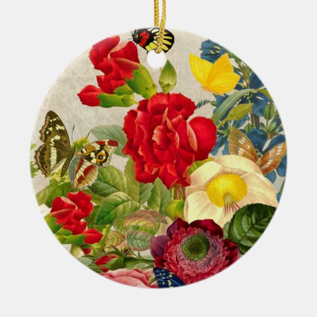 Vintage Flower Bouquet with Butterflies Ceramic Ornament (Front)