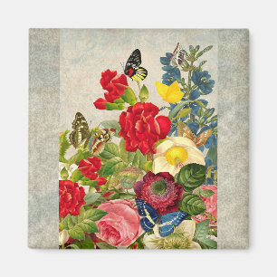 Vintage Flower Bouquet with Butterflies Magnet