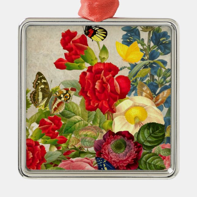 Vintage Flower Bouquet with Butterflies Metal Ornament (Front)