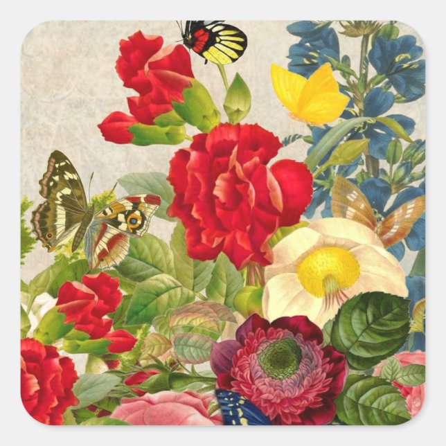 Vintage Flower Bouquet with Butterflies Square Sticker (Front)