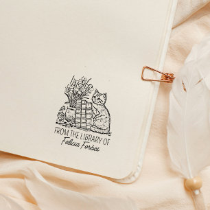 Vintage Flower Cat Library Book Rubber Stamp