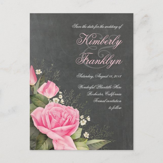 Vintage Flower Chalkboard Save the Date Announcement Postcard (Front)