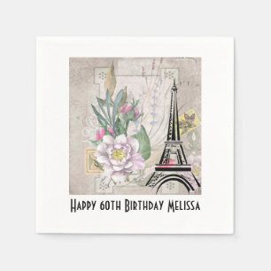 Vintage Flower Collage & Eiffel Tower Birthday Napkin