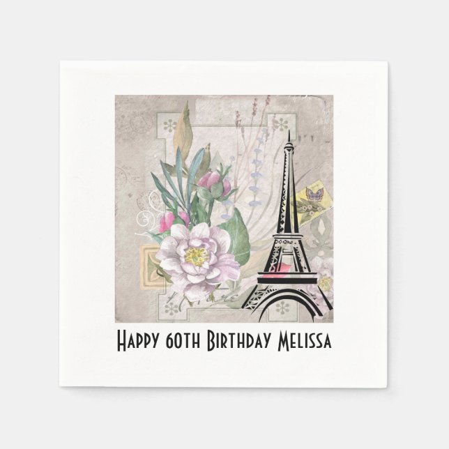 Vintage Flower Collage & Eiffel Tower Birthday Napkin (Front)