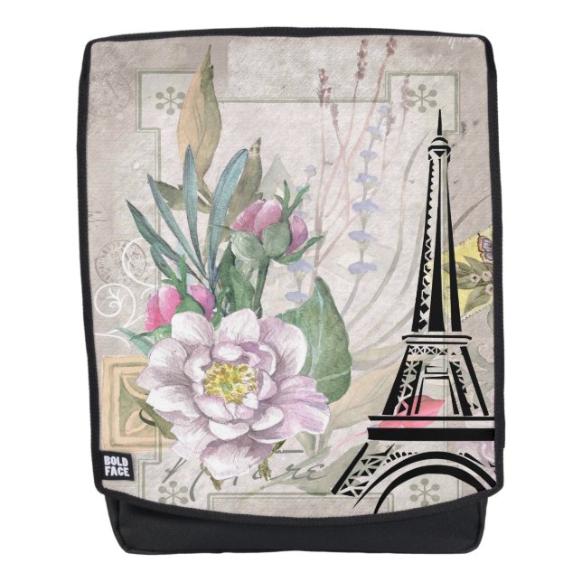 Vintage Flower Collage & Eiffel Tower Illustration Backpack (Front)