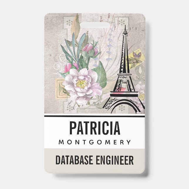 Vintage Flower Collage & Eiffel Tower Illustration Badge (Front)