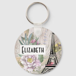 Vintage Flower Collage & Eiffel Tower Illustration Keychain