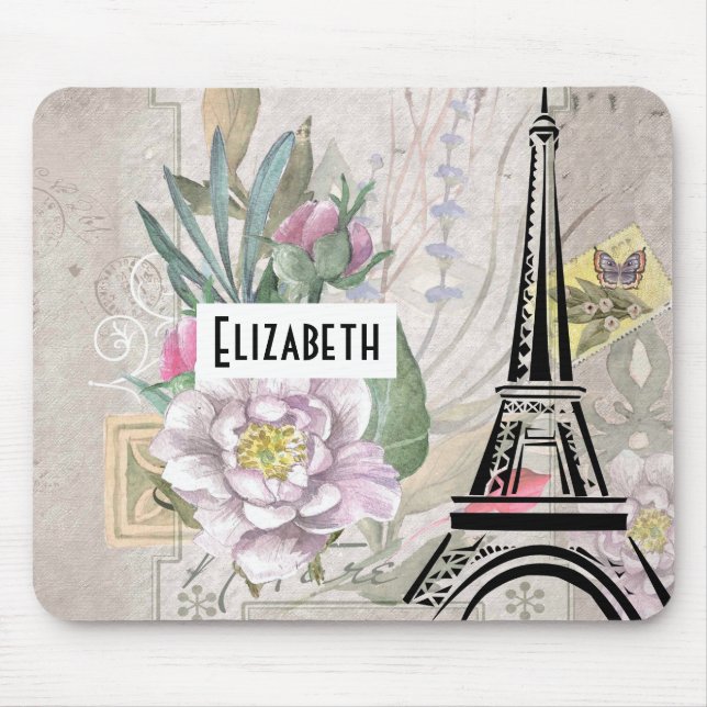 Vintage Flower Collage & Eiffel Tower Illustration Mouse Pad (Front)