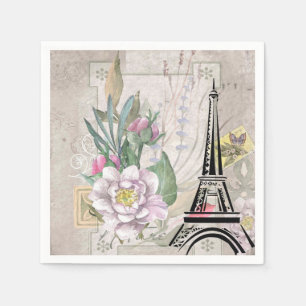 Vintage Flower Collage & Eiffel Tower Illustration Napkin