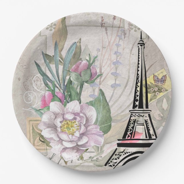 Vintage Flower Collage & Eiffel Tower Illustration Paper Plate (Front)