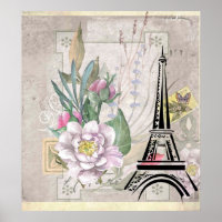 Vintage Flower Collage & Eiffel Tower Illustration