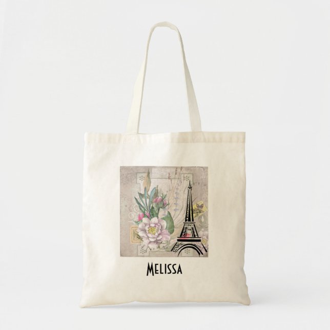 Vintage Flower Collage & Eiffel Tower Illustration Tote Bag (Front)