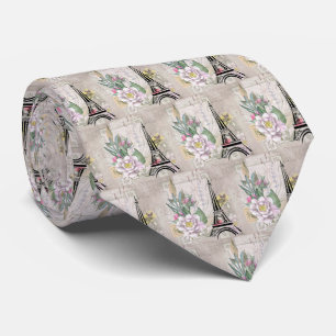 Vintage Flower Collage & Eiffel Tower Pattern Tie