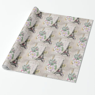 Vintage Flower Collage & Eiffel Tower  Pattern Wrapping Paper