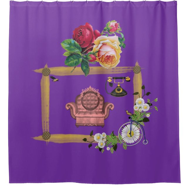 vintage flower couch purple shower curtain (Front)