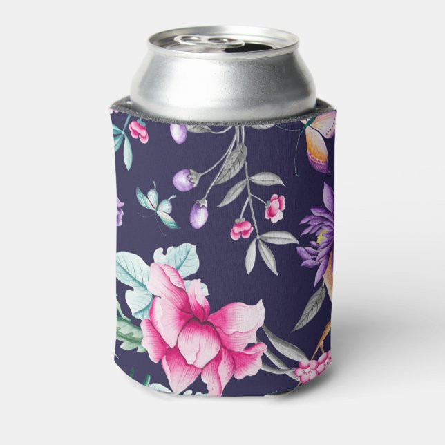 Vintage Flower Garden Rainbow Butterfly Blue Can Cooler (Can Back)