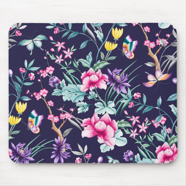 Vintage Flower Garden Rainbow Butterfly Blue Mouse Pad (Front)