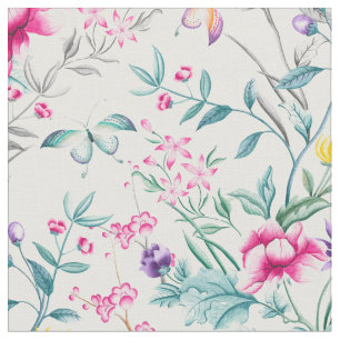 Vintage Flower Garden Rainbow Butterfly  WHITE Fabric