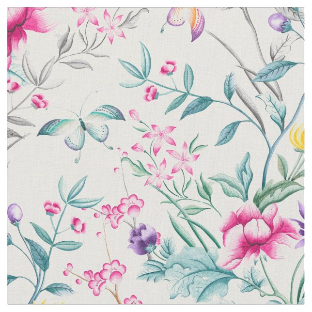 Vintage Flower Garden Rainbow Butterfly  WHITE Fabric (Close Up)