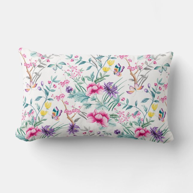 Vintage Flower Garden Rainbow Butterfly white Lumbar Pillow (Front)