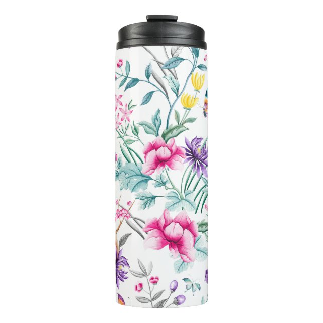 Vintage Flower Garden Rainbow Butterfly white Thermal Tumbler (Front)