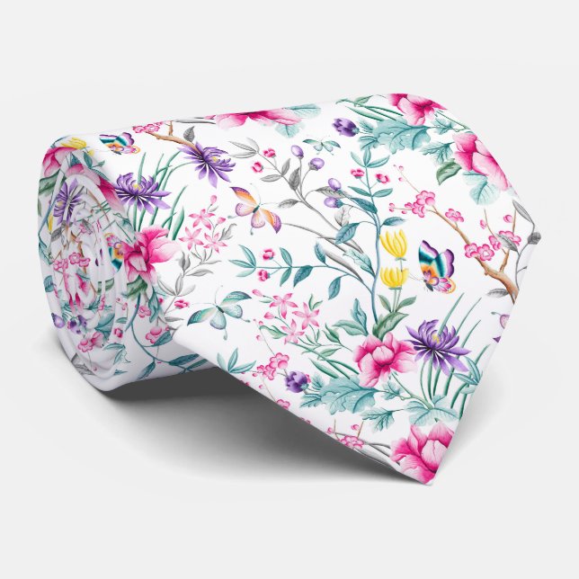 Vintage Flower Garden Rainbow Butterfly white Tie (Rolled)