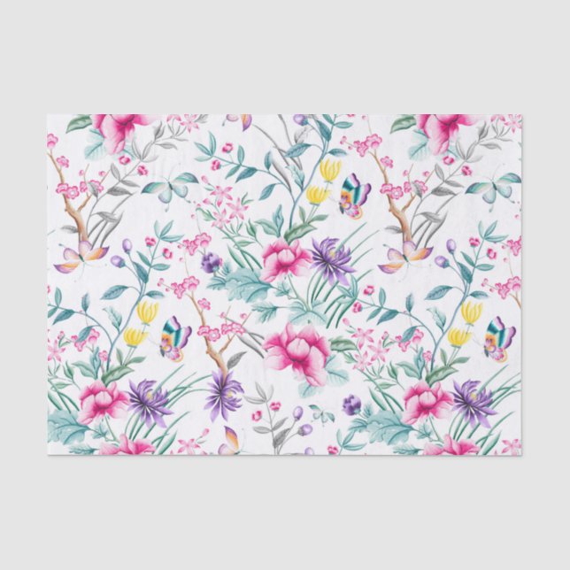Vintage Flower Garden Rainbow Butterfly white Tissue Paper (Front)
