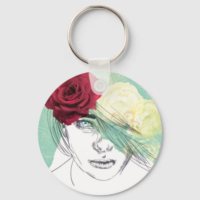 Vintage flower girl illustration keychain (Front)