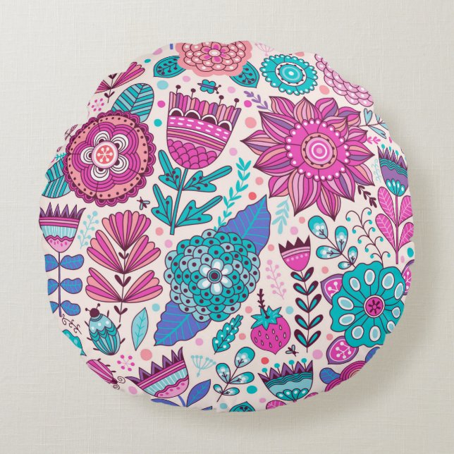 Vintage flower pattern. Seamless botanic texture,  Round Pillow (Front)