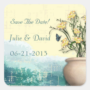 Vintage Flower Pot & Butterfly Save The Date Square Sticker