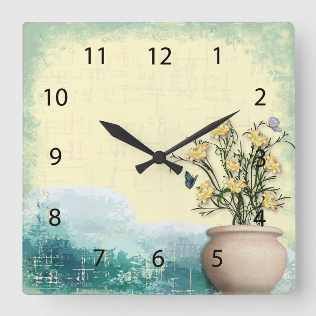 Vintage Flower Pot & Butterfly Wedding Square Wall Clock (Front)
