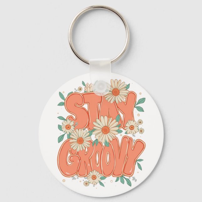 Vintage Flower Power and Daisy Graphic Keychain (Front)