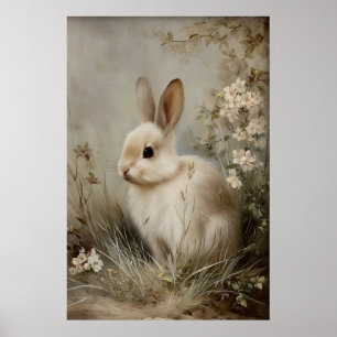Vintage Flower Rabbit Print, Antique Bunny Poster