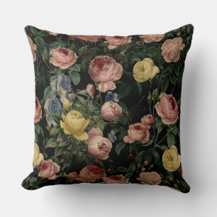 Vintage Flower Roses and Iris Pattern-Dark Dreams Throw Pillow