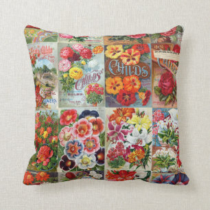 Vintage Flower Seed Packets Garden Collage Throw Pillow
