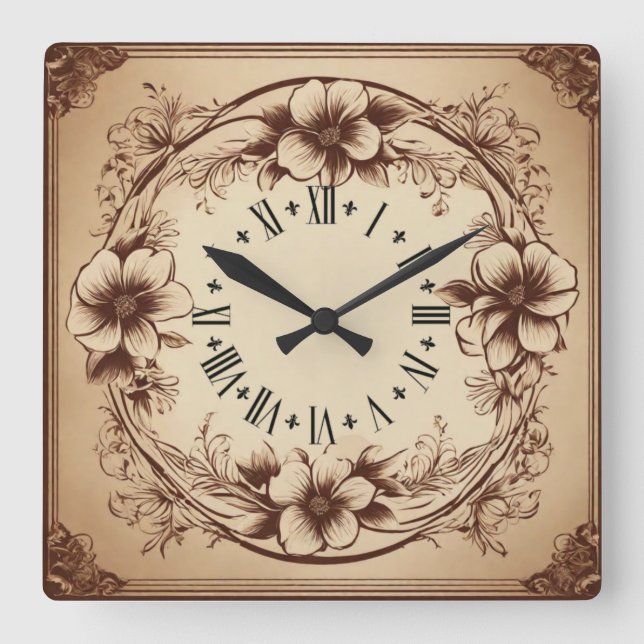 Vintage Flower Square Wall Clock (Front)