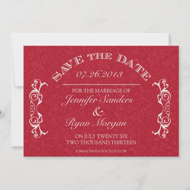 Vintage Flower Swirl Monogram RED Save the Date (Front)